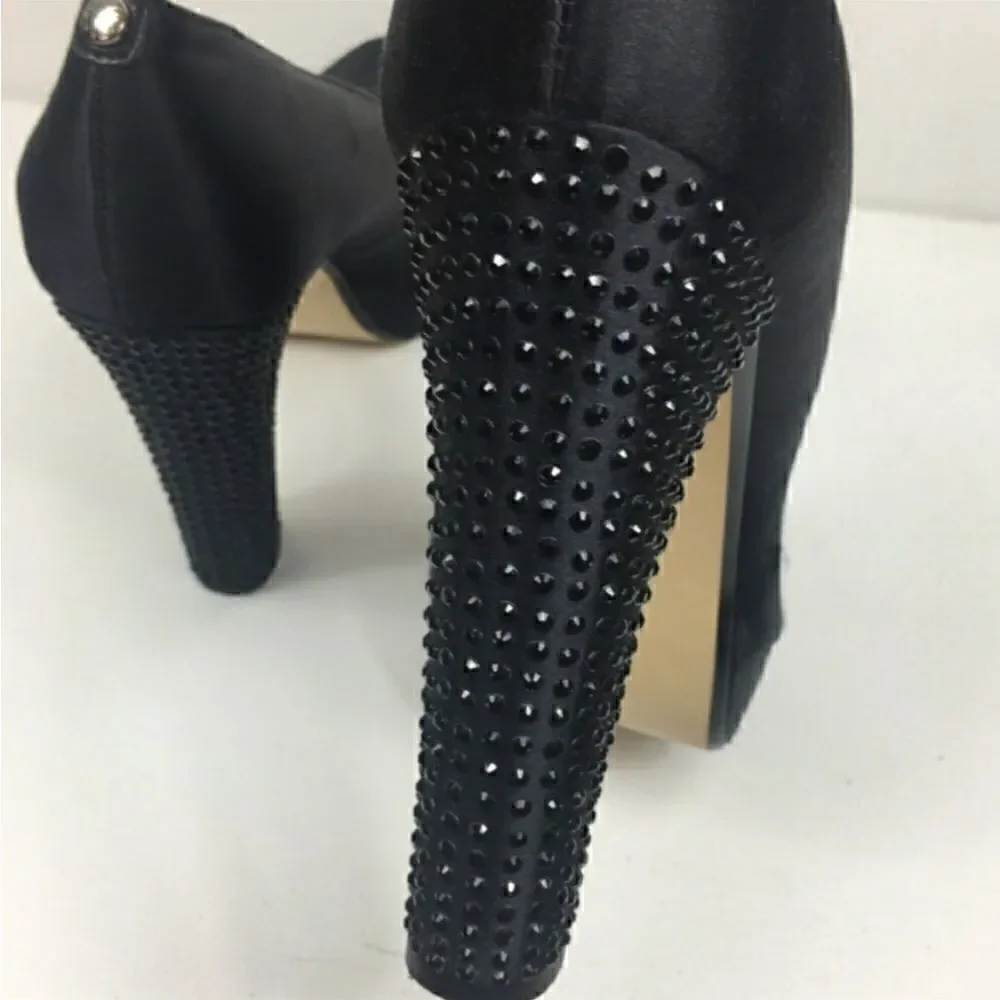 Michael Kors EUC Nadia Black Satin Crystal Heels with Peep Toe Heels